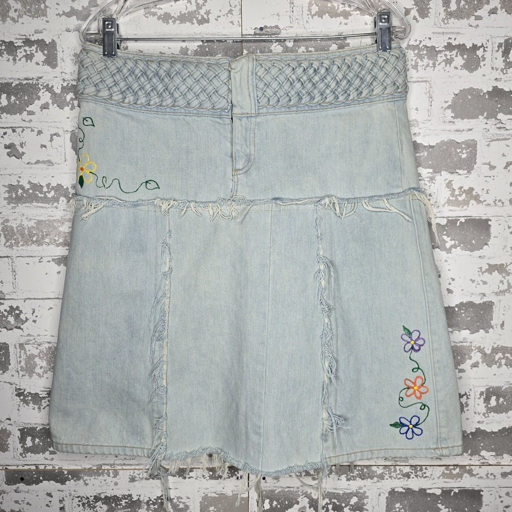 Gap Skirt Womens 6 Light Blue Wash Denim Braided Waist Zip Fly Low Rise VTG Y2K